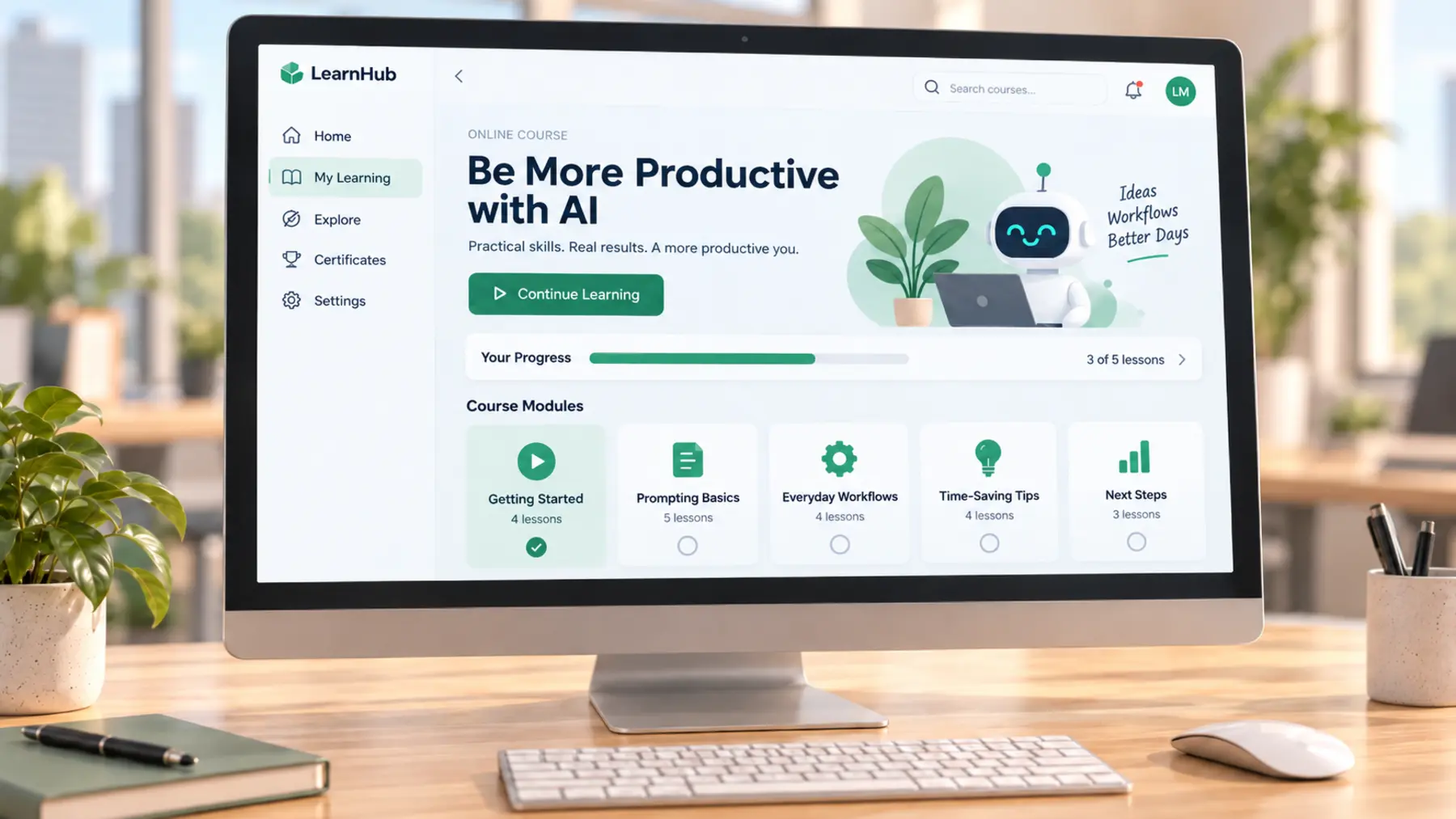 A desktop monitor displaying an AI productivity learning course